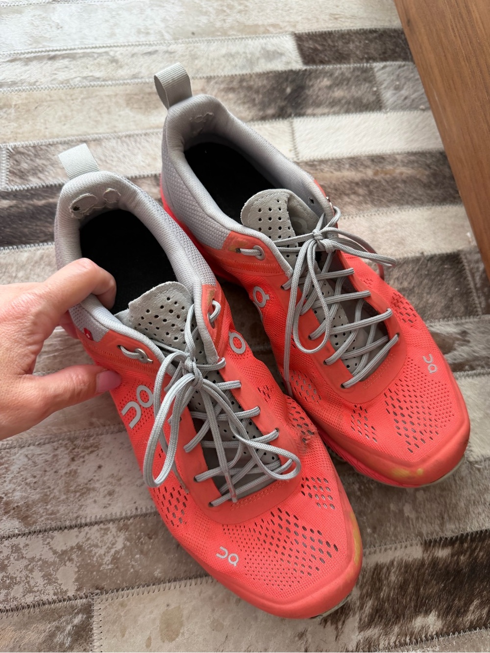 On Running Coral and Gray Women's Athletic Sneakers